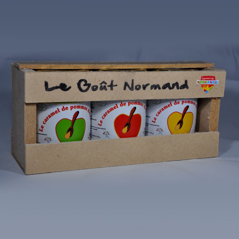Coffret de 3 pots de 110gr de caramel de pommes dieppois parfum nature, cannelle et  beurre salé.