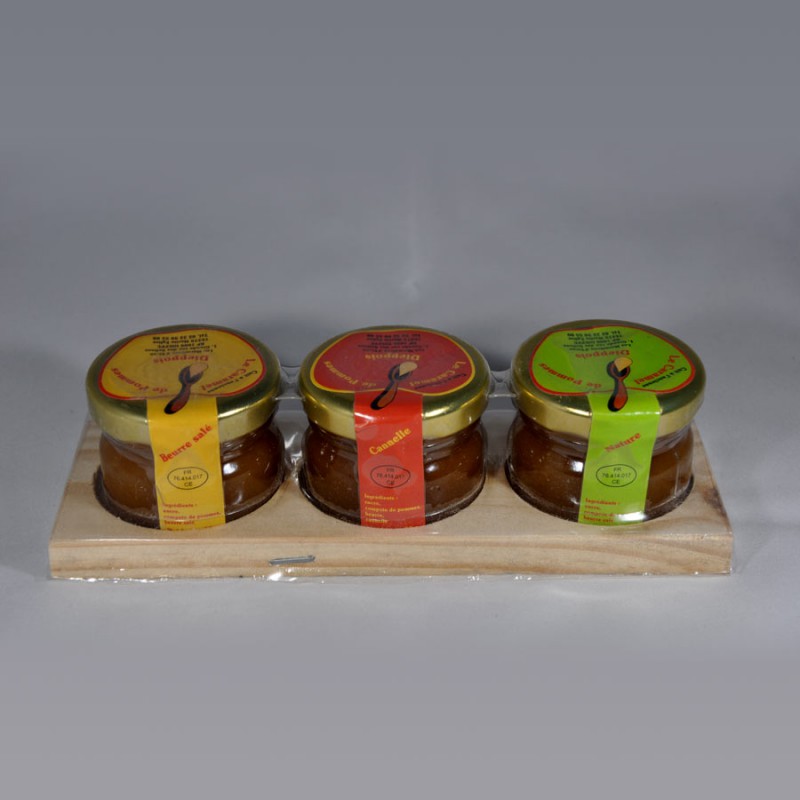 Coffret de 3 pots de 25gr de caramel de pommes dieppois parfum nature, cannelle et  beurre salé.